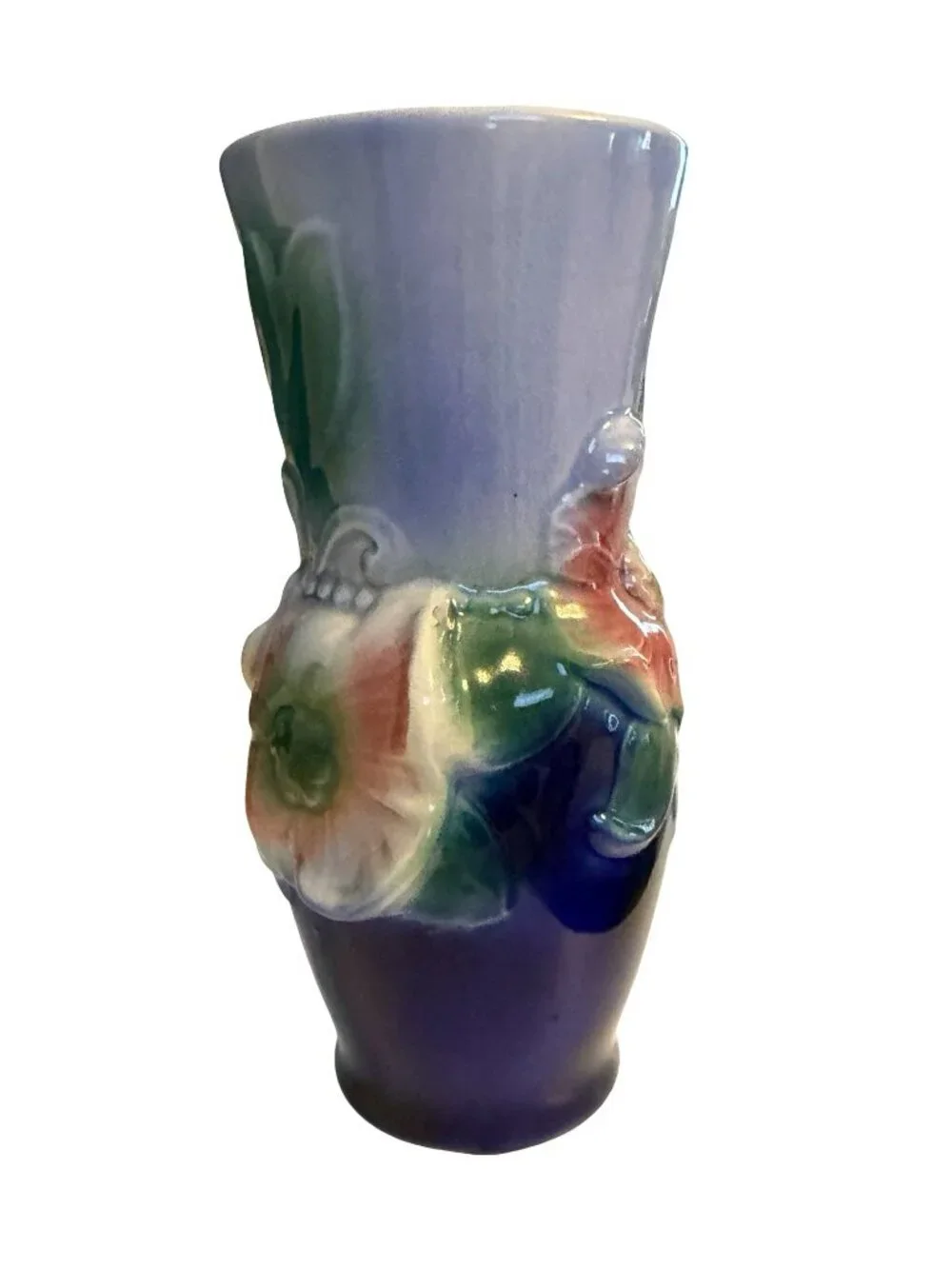 Vintage Royal Copley Floral Vase Blue Pink Green Raised Flower Ceramic 7